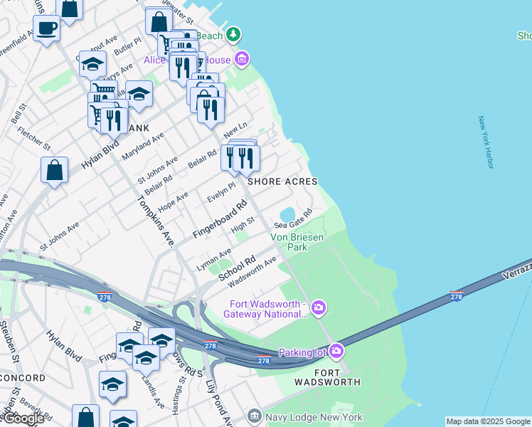 map of restaurants, bars, coffee shops, grocery stores, and more near 10 Shore Acres Road in Staten Island