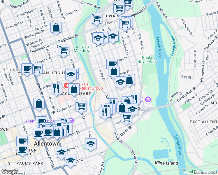 map of restaurants, bars, coffee shops, grocery stores, and more near 201 North 3rd Street in Allentown