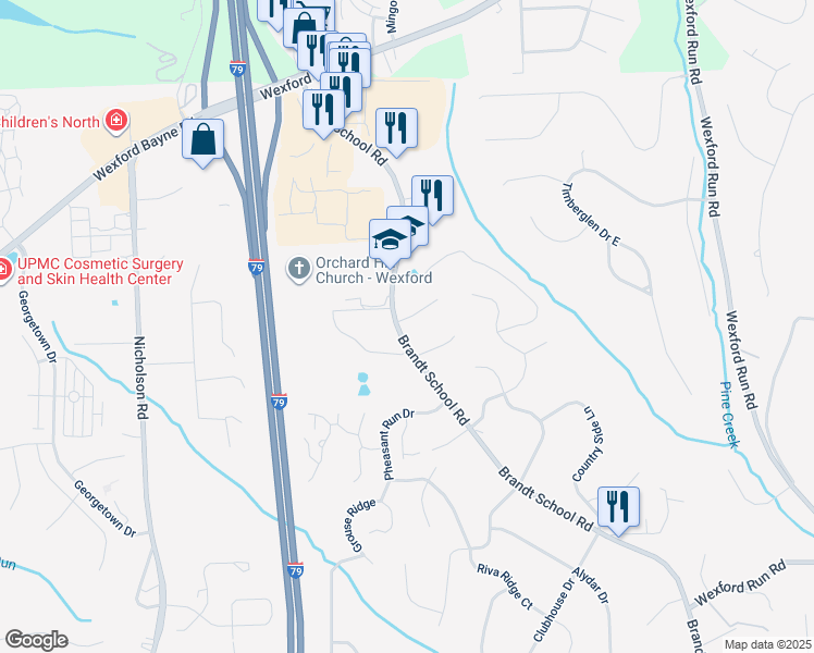 map of restaurants, bars, coffee shops, grocery stores, and more near 1600 Brandtview Court in Wexford