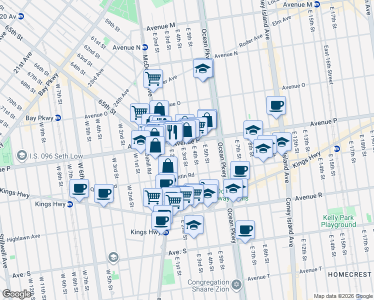 map of restaurants, bars, coffee shops, grocery stores, and more near 1736 East 3rd Street in Brooklyn