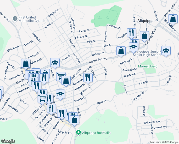 map of restaurants, bars, coffee shops, grocery stores, and more near 1706 Davidson Street in Aliquippa