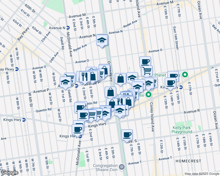 map of restaurants, bars, coffee shops, grocery stores, and more near 1664 Ocean Parkway in Brooklyn