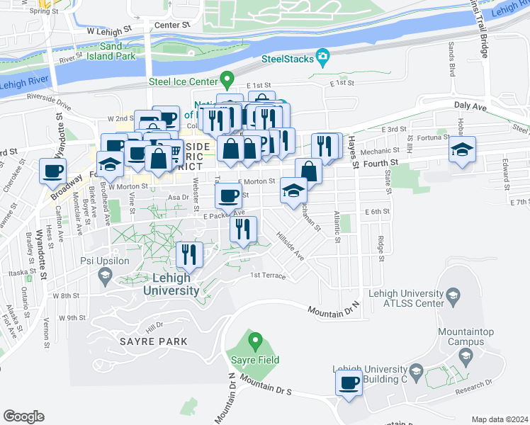 map of restaurants, bars, coffee shops, grocery stores, and more near 527 Fillmore Street in Bethlehem