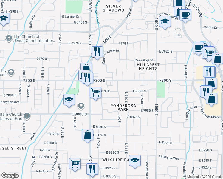 map of restaurants, bars, coffee shops, grocery stores, and more near 789 East 7850 South Street in Sandy