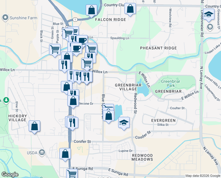 map of restaurants, bars, coffee shops, grocery stores, and more near 329 Butch Cassidy Drive in Fort Collins