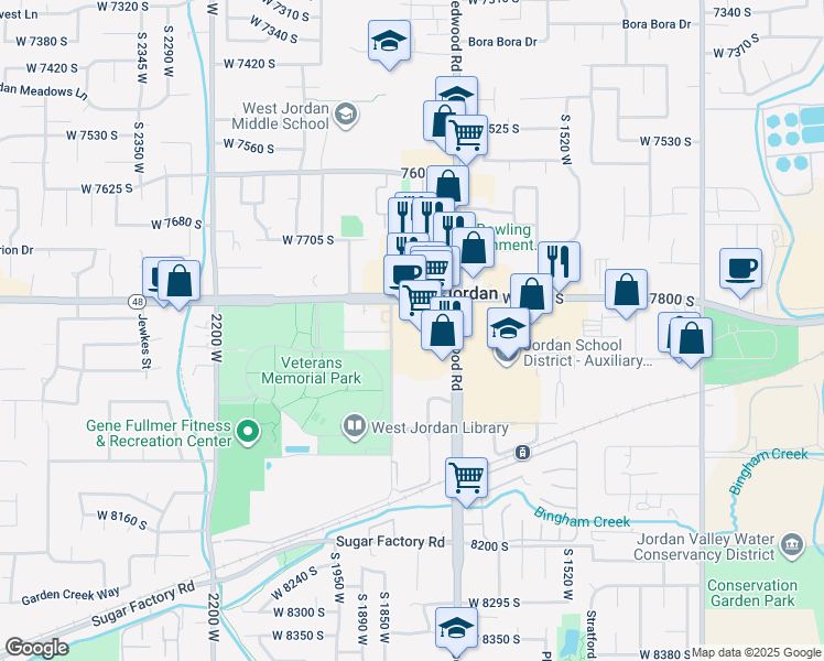 map of restaurants, bars, coffee shops, grocery stores, and more near 1755 1700 West in West Jordan