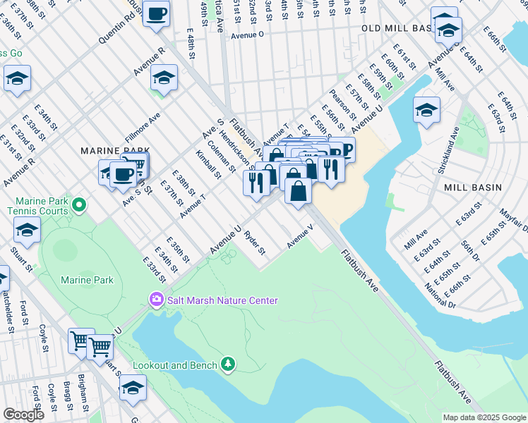 map of restaurants, bars, coffee shops, grocery stores, and more near 2216 Kimball Street in Brooklyn