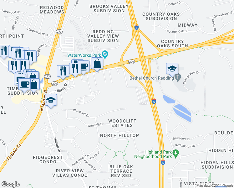 map of restaurants, bars, coffee shops, grocery stores, and more near 11050 Campers Court in Redding
