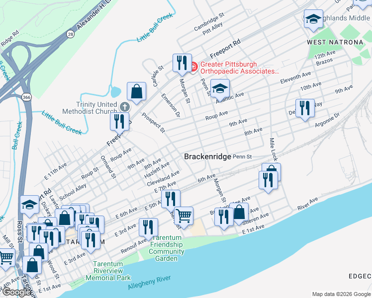 map of restaurants, bars, coffee shops, grocery stores, and more near 934 8th Avenue in Brackenridge