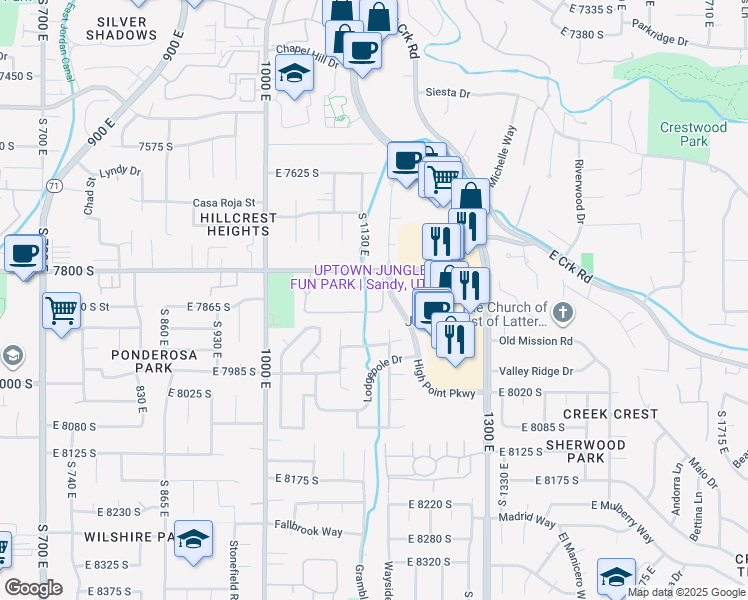 map of restaurants, bars, coffee shops, grocery stores, and more near 7897 Pear Tree Circle in Sandy