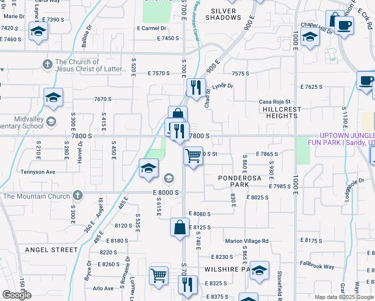 map of restaurants, bars, coffee shops, grocery stores, and more near 7873 700 East in Sandy