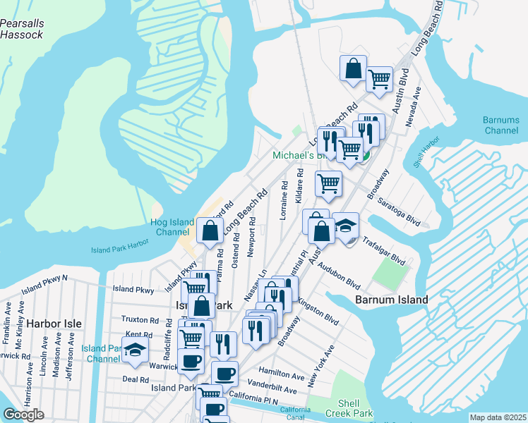 map of restaurants, bars, coffee shops, grocery stores, and more near 53 Marina Road in Island Park