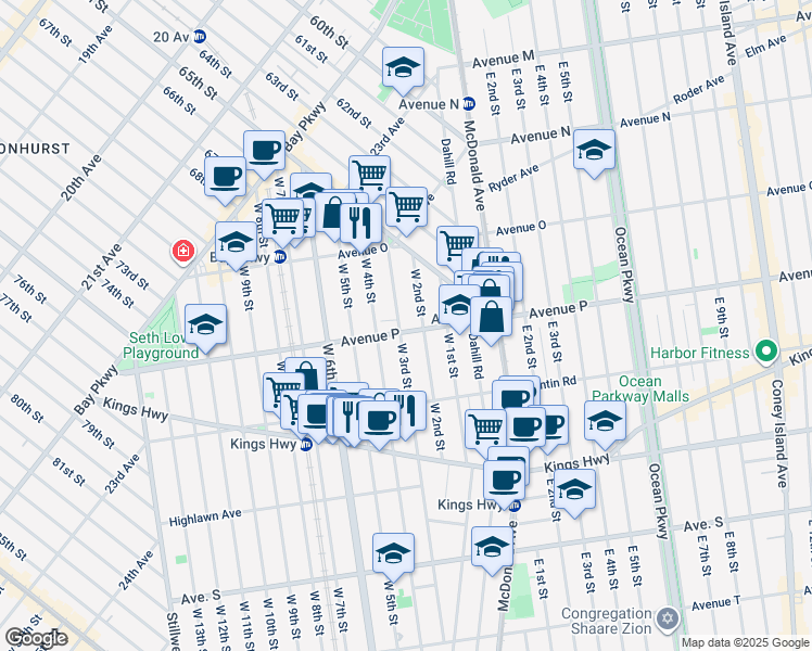 map of restaurants, bars, coffee shops, grocery stores, and more near 1614 West 3rd Street in Brooklyn