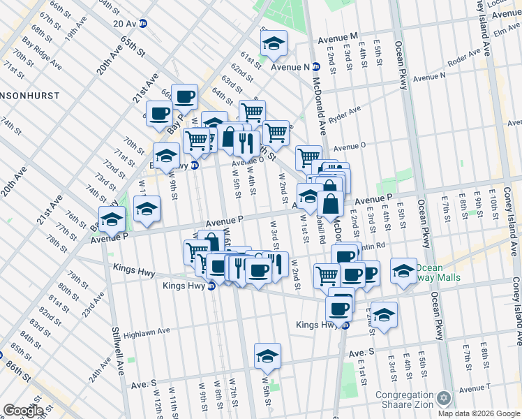 map of restaurants, bars, coffee shops, grocery stores, and more near 1614 West 3rd Street in Brooklyn