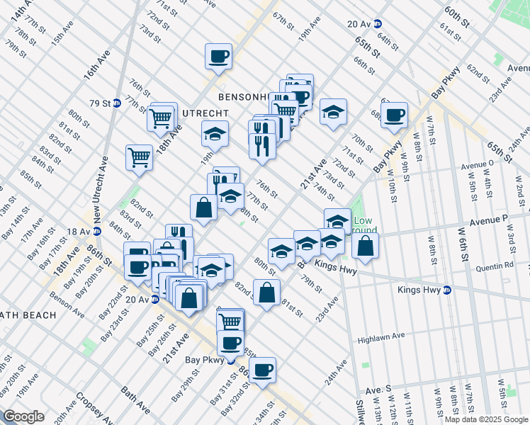 map of restaurants, bars, coffee shops, grocery stores, and more near 2068 78th Street in Brooklyn