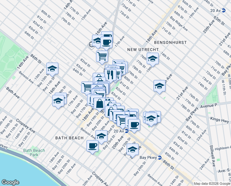 map of restaurants, bars, coffee shops, grocery stores, and more near 1848 83rd Street in Brooklyn