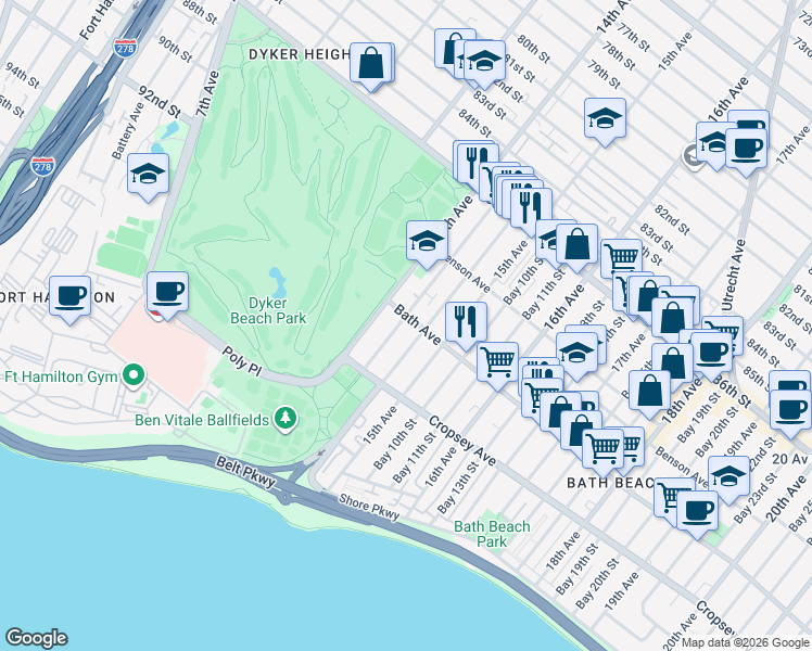 map of restaurants, bars, coffee shops, grocery stores, and more near 196 Bay 8th Street in Brooklyn