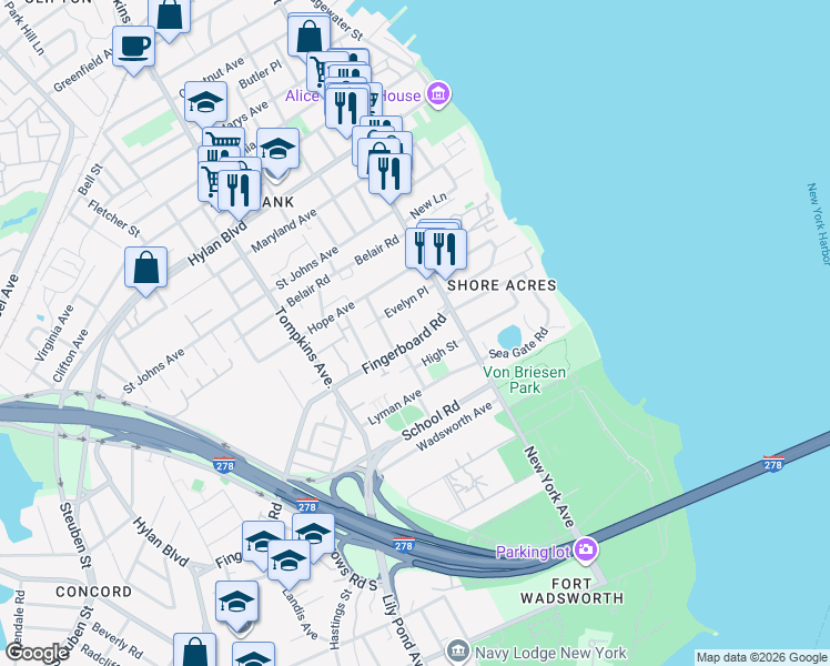 map of restaurants, bars, coffee shops, grocery stores, and more near 56 Fingerboard Road in Staten Island