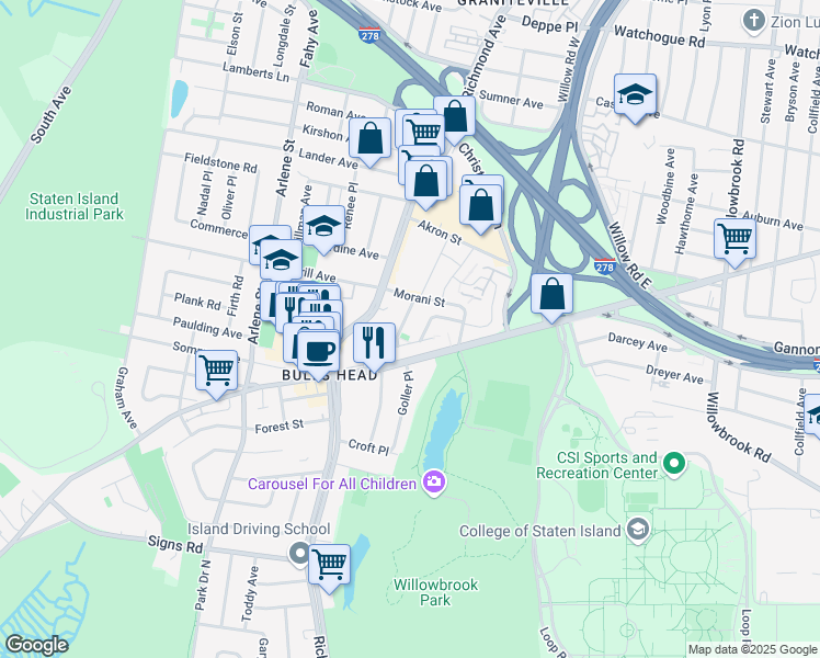map of restaurants, bars, coffee shops, grocery stores, and more near 74 Gary Court in Staten Island