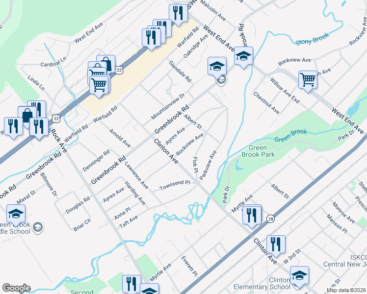 map of restaurants, bars, coffee shops, grocery stores, and more near 184 Clinton Avenue in North Plainfield
