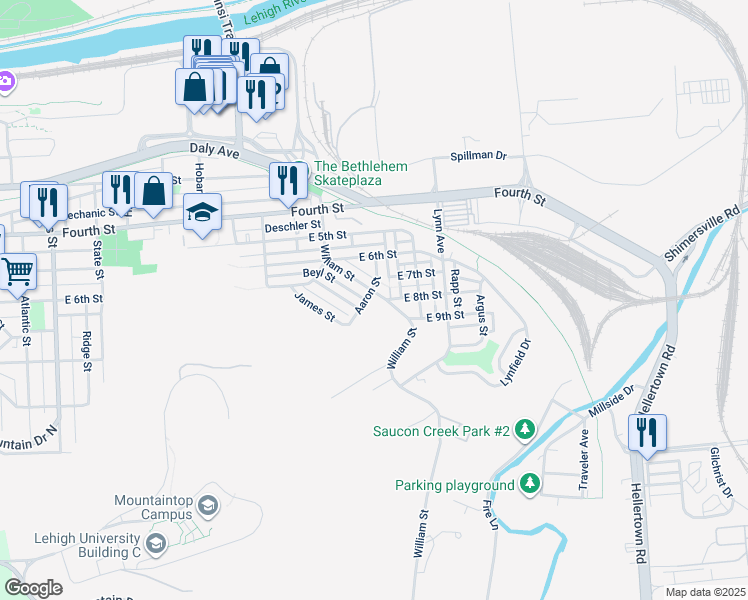 map of restaurants, bars, coffee shops, grocery stores, and more near 719 Aaron Street in Bethlehem