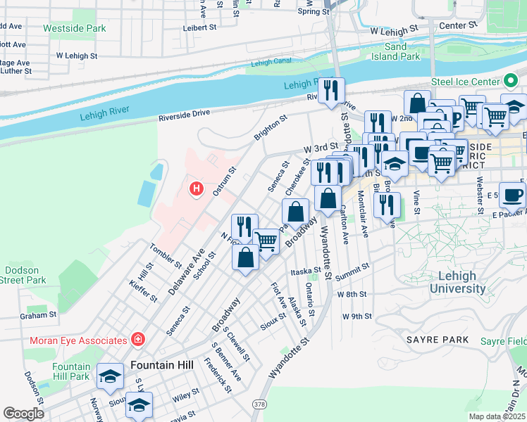 map of restaurants, bars, coffee shops, grocery stores, and more near 701 Cherokee Street in Bethlehem