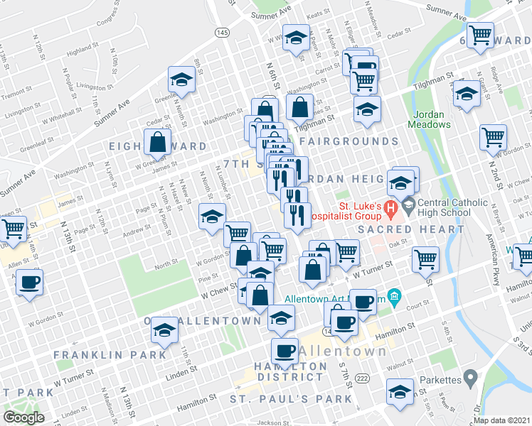 map of restaurants, bars, coffee shops, grocery stores, and more near 415 North Hall Street in Allentown