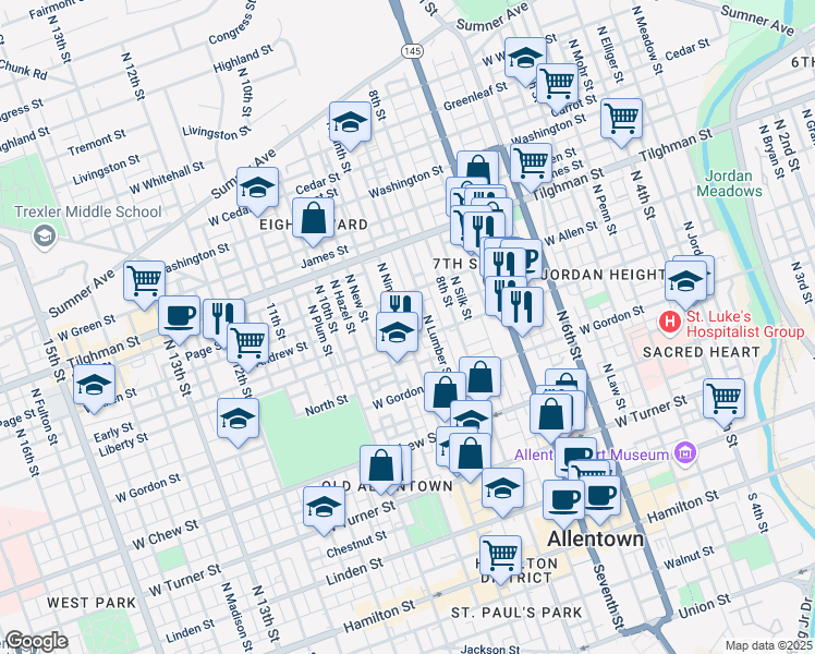 map of restaurants, bars, coffee shops, grocery stores, and more near in Allentown
