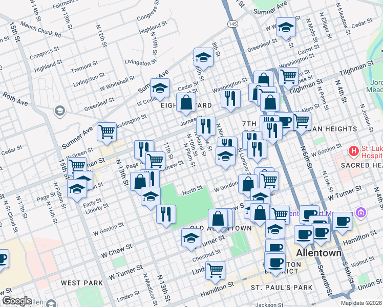 map of restaurants, bars, coffee shops, grocery stores, and more near 520 North 10th Street in Allentown