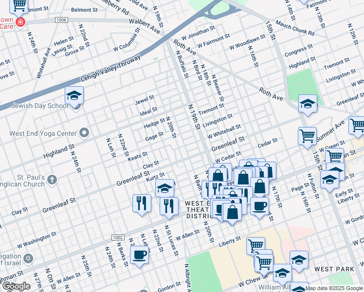 map of restaurants, bars, coffee shops, grocery stores, and more near 1937 Greenleaf Street in Allentown