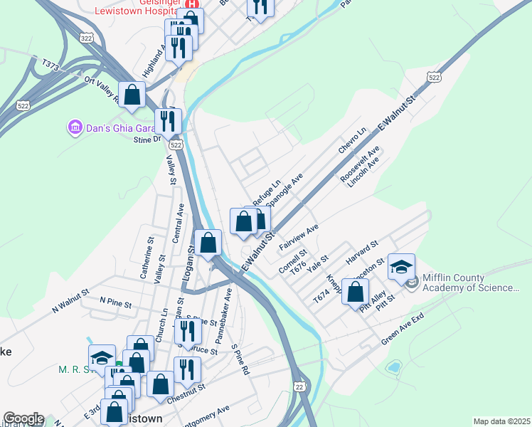 map of restaurants, bars, coffee shops, grocery stores, and more near Chevro Ln in Lewistown