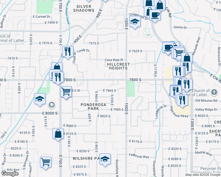 map of restaurants, bars, coffee shops, grocery stores, and more near 917 East 7865 South in Sandy