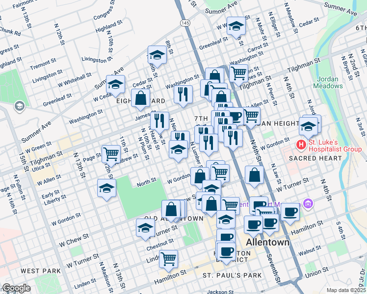 map of restaurants, bars, coffee shops, grocery stores, and more near 513 North 9th Street in Allentown