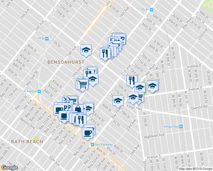 map of restaurants, bars, coffee shops, grocery stores, and more near 2062 77th Street in Brooklyn