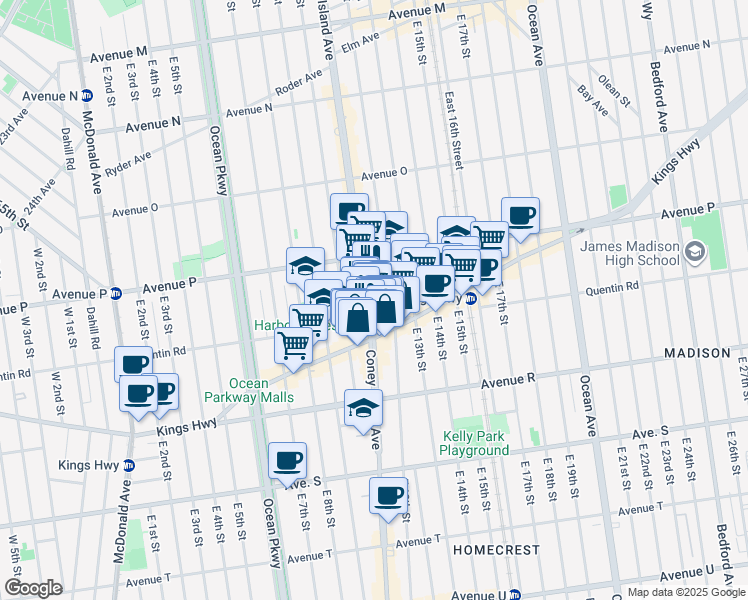 map of restaurants, bars, coffee shops, grocery stores, and more near 1007 Quentin Road in Brooklyn