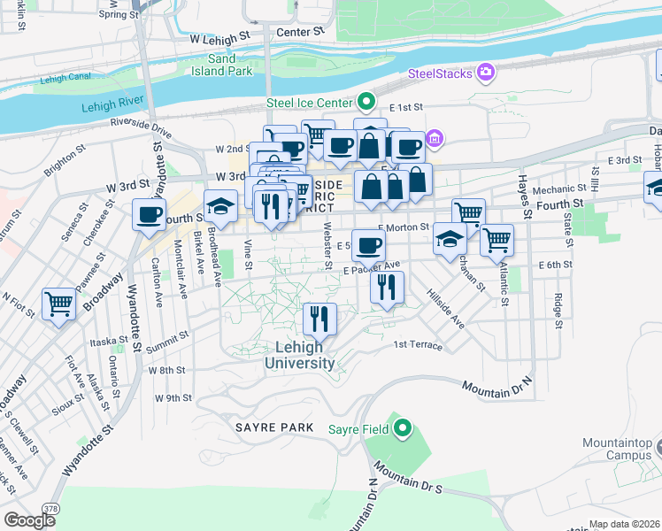 map of restaurants, bars, coffee shops, grocery stores, and more near 461 Webster Street in Bethlehem