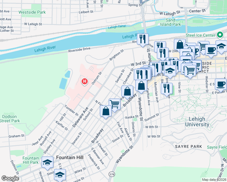 map of restaurants, bars, coffee shops, grocery stores, and more near 701 Cherokee Street in Bethlehem