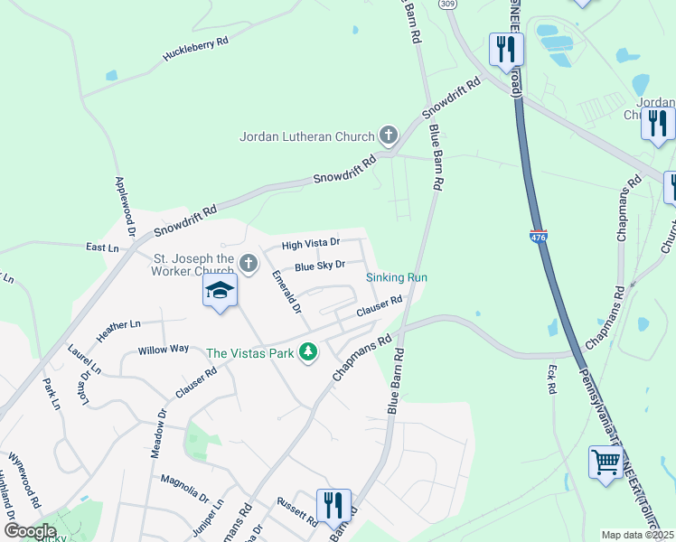 map of restaurants, bars, coffee shops, grocery stores, and more near 5226 Blue Sky Drive in Lehigh County