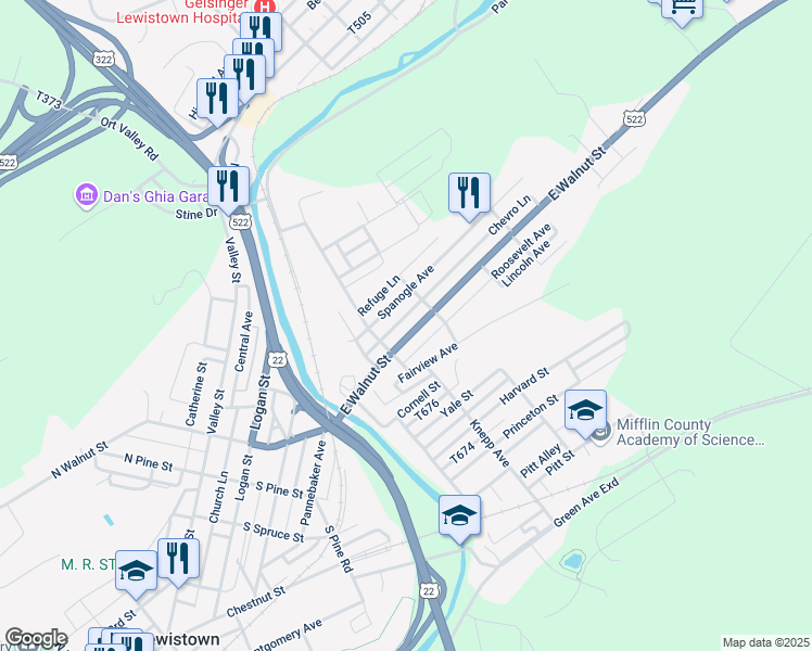 map of restaurants, bars, coffee shops, grocery stores, and more near 519 East Walnut Street in Lewistown