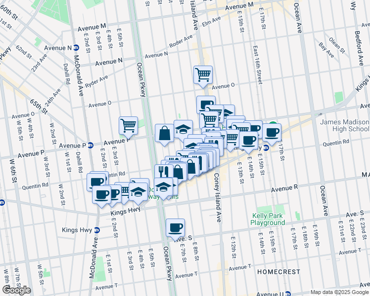 map of restaurants, bars, coffee shops, grocery stores, and more near 1633 East 8th Street in Brooklyn