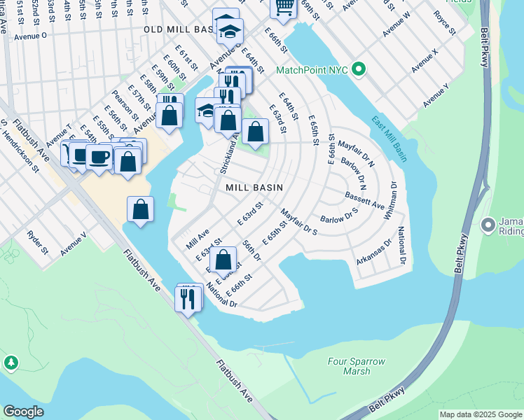 map of restaurants, bars, coffee shops, grocery stores, and more near 2641 East 64th Street in Brooklyn