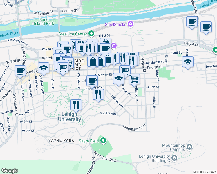 map of restaurants, bars, coffee shops, grocery stores, and more near 510 East Packer Avenue in Bethlehem