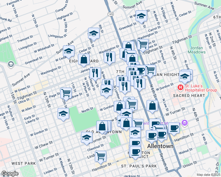 map of restaurants, bars, coffee shops, grocery stores, and more near 513 North 9th Street in Allentown