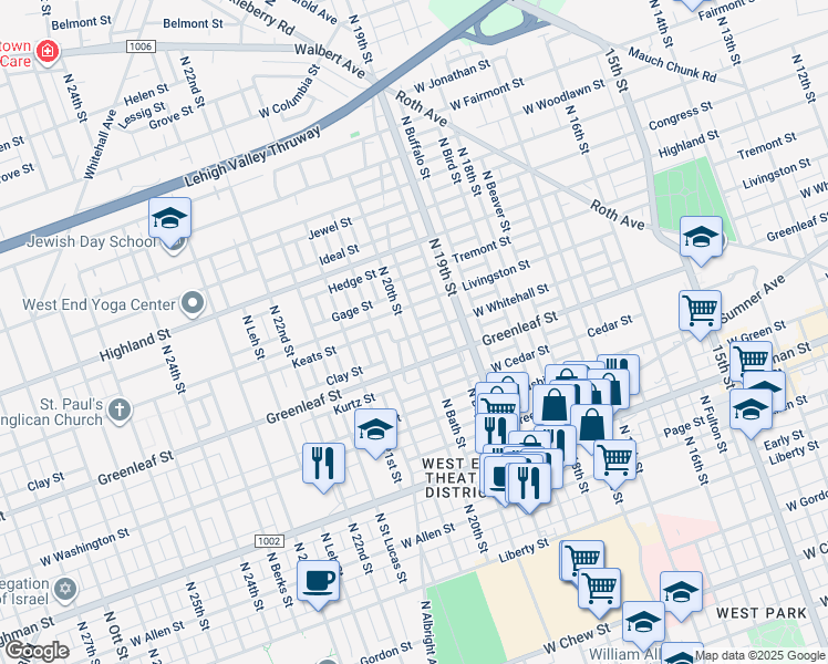 map of restaurants, bars, coffee shops, grocery stores, and more near 1937 Greenleaf Street in Allentown