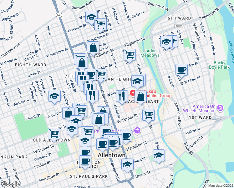 map of restaurants, bars, coffee shops, grocery stores, and more near 500 West Gordon Street in Allentown