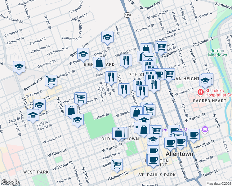 map of restaurants, bars, coffee shops, grocery stores, and more near 929 Liberty Street in Allentown