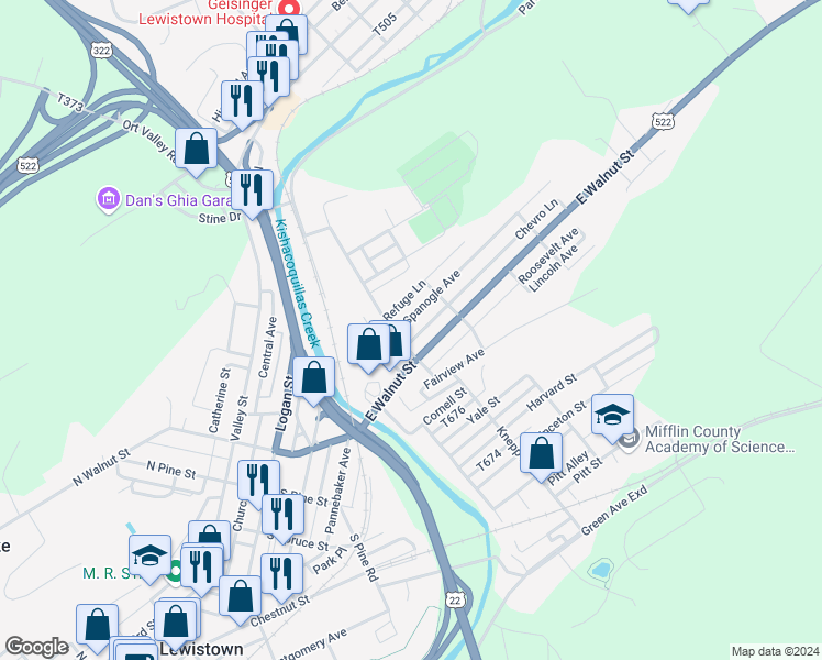 map of restaurants, bars, coffee shops, grocery stores, and more near 6 Spanogle Avenue in Lewistown