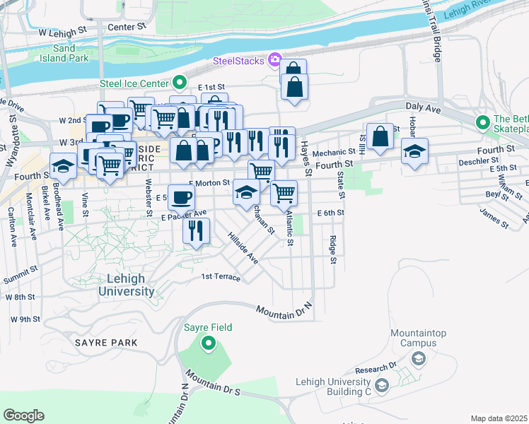 map of restaurants, bars, coffee shops, grocery stores, and more near 707 East 6th Street in Bethlehem