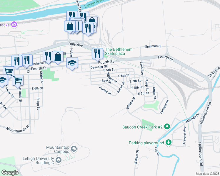 map of restaurants, bars, coffee shops, grocery stores, and more near 1428 Philip Street in Bethlehem