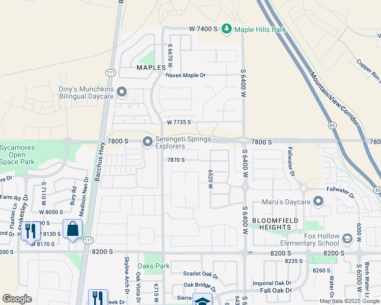 map of restaurants, bars, coffee shops, grocery stores, and more near 6605 West 7870 South in West Jordan